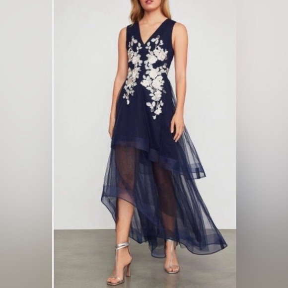 BCBG Maxazria gown with floral appliqué, mini slip lining, and sheer overlays. - Picture 4 of 5